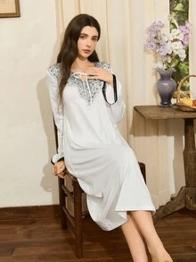 Côtesoire Elegante camicia da notte da donna con colletto arricciato in pizzo francese e colore a contrasto - Bianco - Visualizzare 6