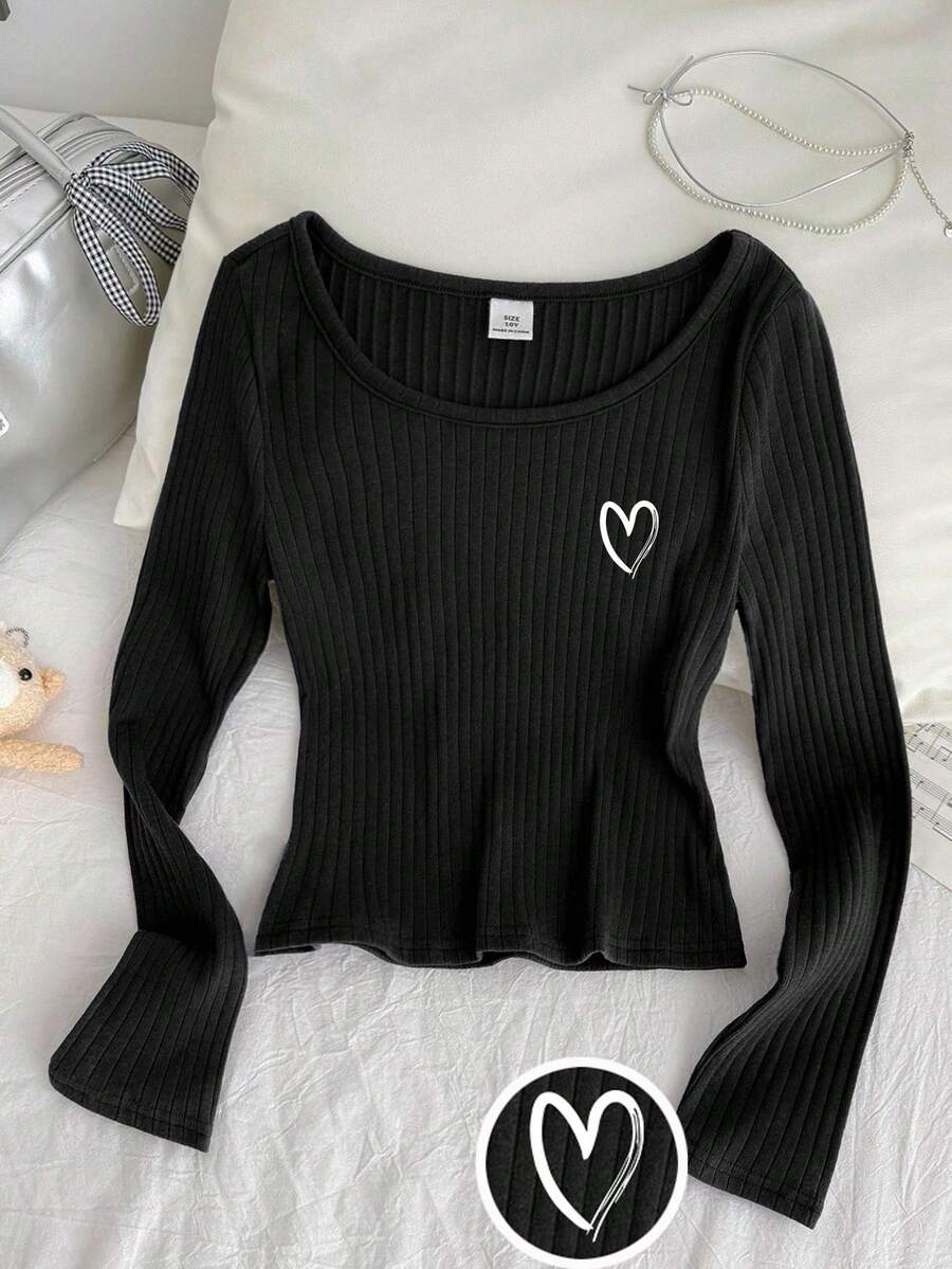 SHEIN Tween 女童罗纹圆领弹力修身百搭休闲长袖 T 恤，舒适 - 寶藍色 - 查看 1