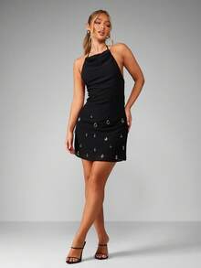 MISSGUIDED Elegant Mini Halter Dress With Crystal Embellishments Draped Neckline Backless Evening Party Night Out Holiday Club Occasion Semi Formal Wear - Black - View 4