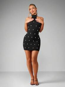 MISSGUIDED Elegant Pearl Embellished High Neck Mini Dress Backless Bodycon Club Party Evening Wedding Guest Pearl Detail Night Out Occasion Wear - Black - View 3