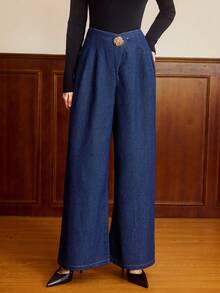 Vintamour Women's Fashionable High Waist Pleated Wide Leg Jeans Denim Trousers With Decorative Button,Dark Blue,Summer,Elegant,Brunch,Chic Versatile Pants - Dark Wash - View 3