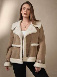 Chikora 加大码保暖内衬外套，适合通勤、秋冬季穿着，女士外套，休闲女式外套，女士衬衫式外套，感恩节女式外套，新年女式外套，万圣节女式外套，优雅圣诞女式外套，秋冬女式外套，万圣节服装，圣诞节女式外套，新年女式外套，感恩节女式外套 - 卡其色 - 查看 10