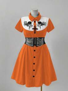 Sunspun Punk Chic Fashion Collared Casual Versatile Contrast Color Spider Print Waist Flare A-Line Dress - Orange - View 3