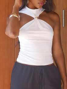 Yess Loren Summer Sleeveless Stand Collar Top Women, Metal Decor Design, Commuting And Casual Vacation - Apricot - View 6