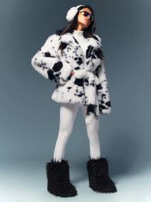 SHUZIA 时尚女式中筒黑色人造毛皮毛绒蓬松毛茸茸温暖舒适冬季节日平底靴 - 黑色 - 查看 2