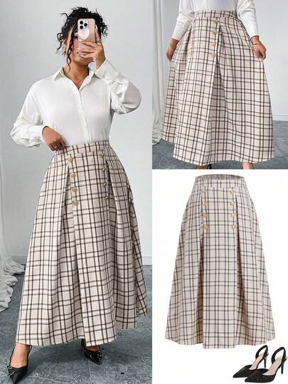 Ellevyn Damen Rock in Große Größen, eleganter Rock, vielseitiger Rock, Rock mit Metallknopf-Dekor, karierter Rock