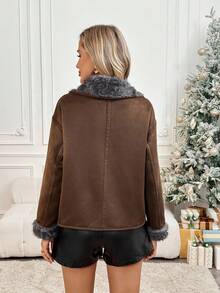 SHEIN LUNE Retro Faux Fur Leather Jacket, Autumn/Winter, Christmas - Light Grey - View 2