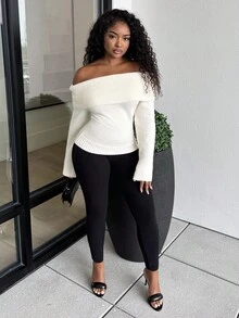 Alexandranx Off Shoulder Fold Over Sweater,Long Sleeve Tops Knit Pullover Fall Winter Outfit - Beige - View 5