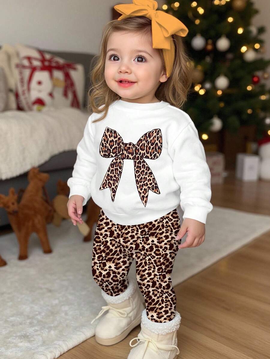SHEIN Happikins Baby Girl Casual Vintage Leopard Print Bow Design, White, Soft Thick Crew Neck Long Sleeve Sweatshirt And Leggings Set, Suitable For Autumn/Winter Baby Girl Casual Pant Sets Cheetah Outfit Baby Baby Girl Clothes With Bow For Fall Baby Girl Leopard Outfit - Multicolor - View 1