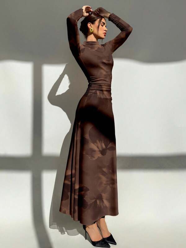 Aloruh Nuevo vestido ajustado de manga larga con estampado floral de teñido anudado en marrón, apto para eventos formales, citas y atuendos casuales de otoño/invierno