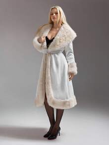 SHEIN ICON Cream-Color Faux Fur Collar Patchwork Long Tie-Waist Coat Autumn Winter - Beige - View 5