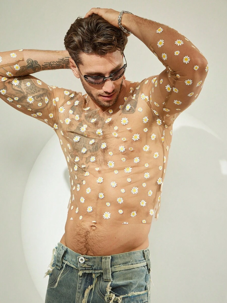 FeverCity Men's Sexy Sheer Round Neck Long Sleeve T-Shirt