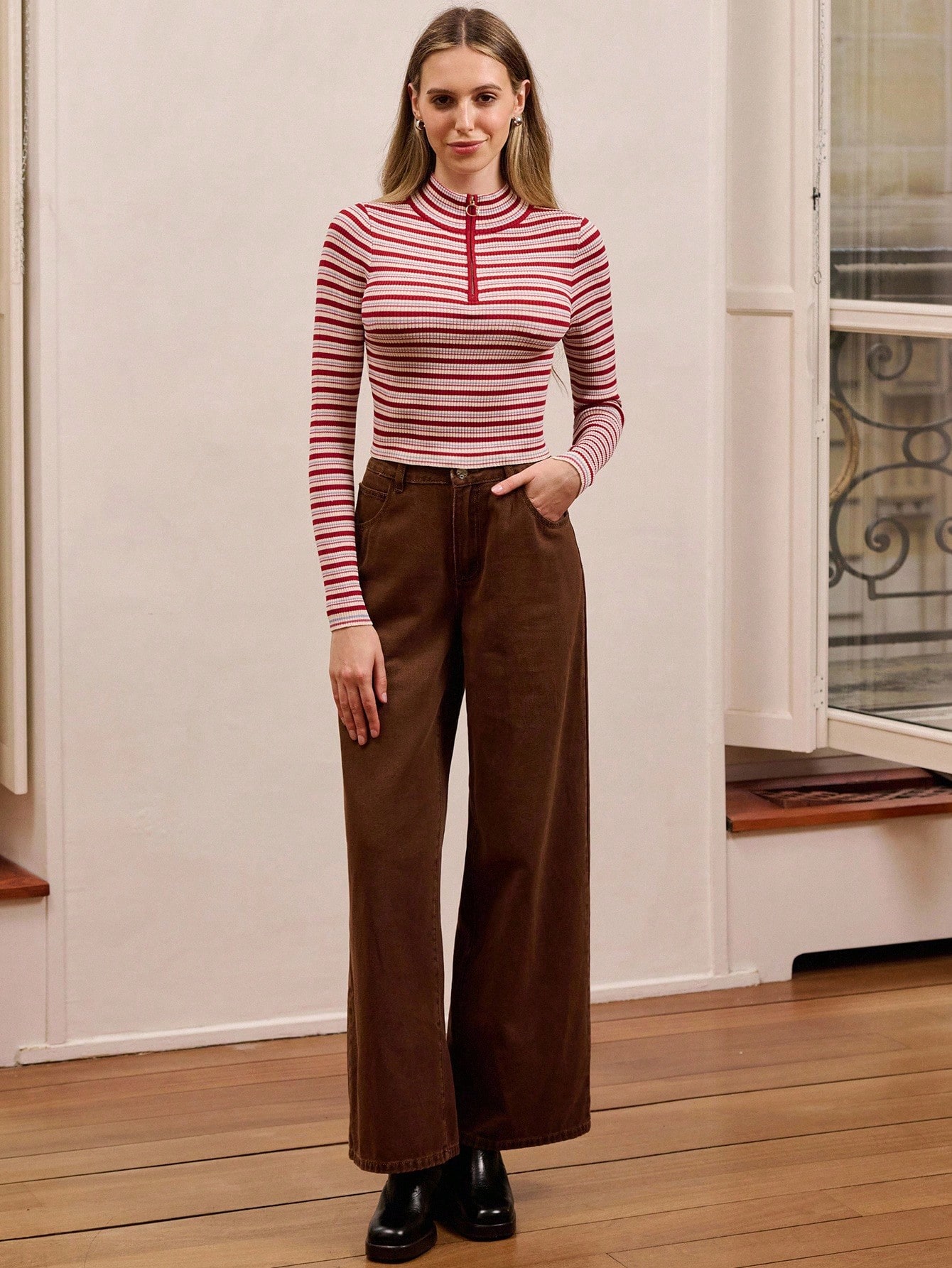 Krótki golf w paski z prążkowanej dzianiny z zamkiem błyskawicznym 1/2 Wiosna Kobiety Wiosna Kobiety Wiosna Lato Wyjście Elegancki Nowy Rok