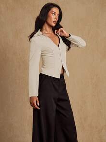 Glamine 优雅简约军绿色衬衫领前开扣长袖夹克，女式，春秋季 - 杏色 - 查看 5