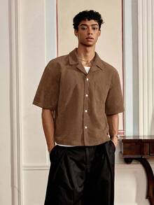 SWAVVY Men's Casual Loose Fit Short Sleeve Woven Shirt - Khaki - View 6