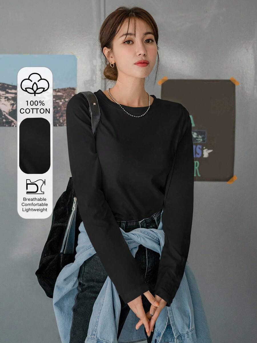 DAZY 女士圆领纯色休闲宽松基础款长袖T恤 - 黑色 - 查看 1