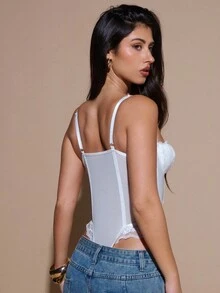 SHEIN BAE Women's Elegant Sexy Solid Color Lace Patchwork Bodysuit - White - View 2