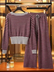 Franclia 女式条纹圆领长袖毛衣和抽绳腰针织裤休闲两件套，秋冬 - 彩色 - 查看 2