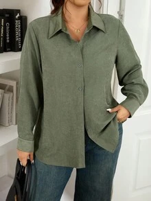 Lounesse Plus Size Satin Collar Basic Open Front Shirt, Casual & Minimalist Style, Suitable For Office, Commute And Everyday Wear - Green - View 4