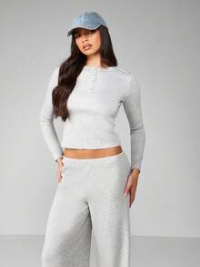 MISSGUIDED 舒适半开襟长袖露脐上衣和阔腿裤家居服套装，休闲冬季休闲装，秋季服装 - 灰色 - 查看 5