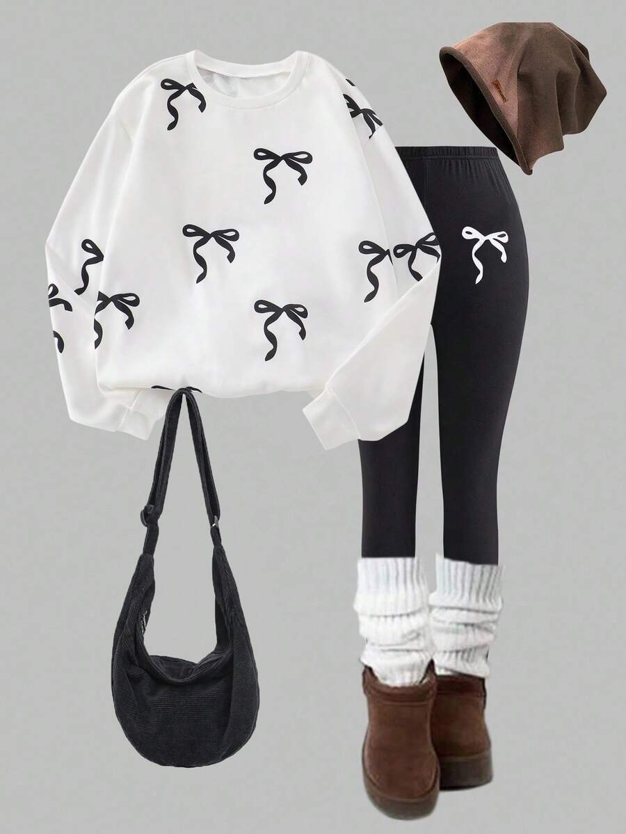 2pcs Women Casual Butterfly Print Crew Neck Long Sleeve Sweatshirt And Skinny Pants Set, Comfortable For Autumn/Winter