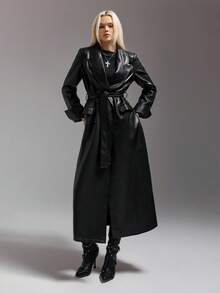 SHEIN ICON 女式长款 PU 夹克，配有可折叠袖口和腰带，适合秋冬女性 - 黑色 - 查看 1