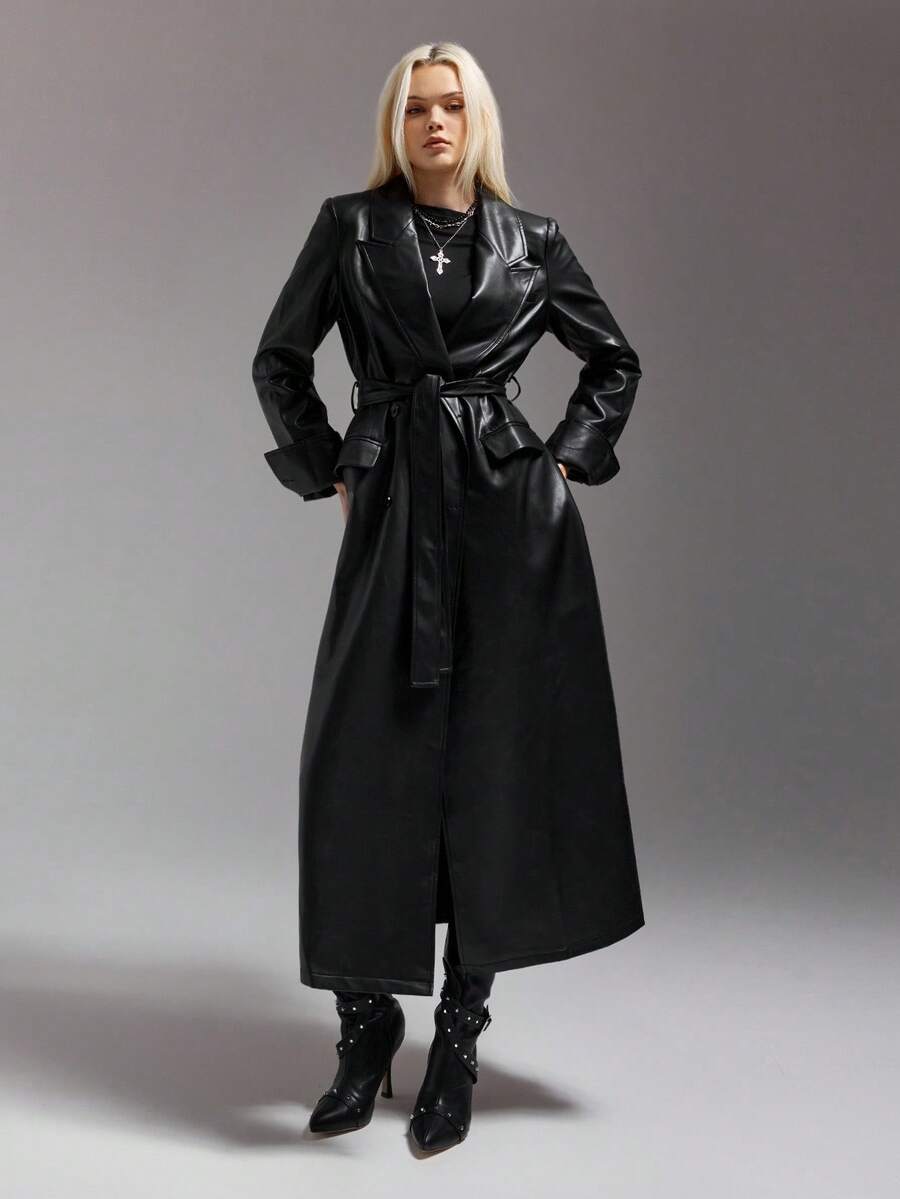 SHEIN ICON 女式长款 PU 夹克，配有可折叠袖口和腰带，适合秋冬女性 - 黑色 - 查看 1