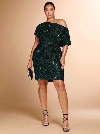 SHEIN BAE Plus Size Fall And Winter Elegant Party Sexy Woman Asymmetrical Off-Shoulder Black Glitter Sequin Waist Tie Bow Knee-Length Dress Suitable For Party Wear Fall Women Outfits Fall Clothes Holiday Dress Elegant Dress ,Valentine's Day,Valentine Outfits For Women