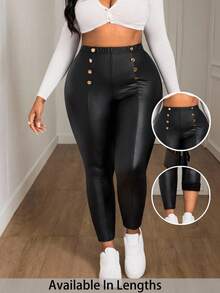 SHEIN PETITE CURVE 大码纯色纽扣装饰优雅紧身裤 - 黑色 - 查看 1