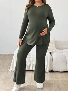 SHEIN 2 件套孕妇装加大码女式纯色圆领长袖侧开衩 T 恤和可调节腰部喇叭裤，休闲 - 軍綠色 - 查看 6