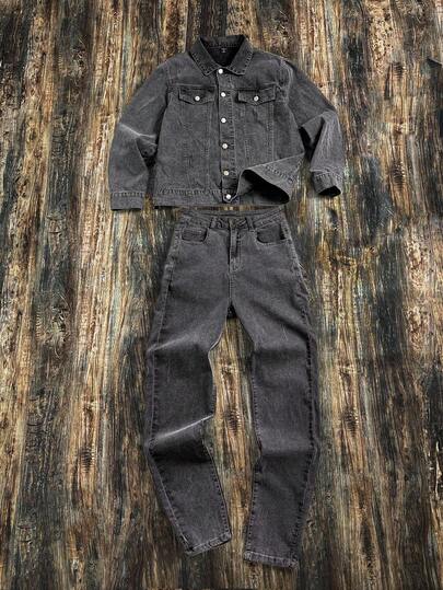 SHEIN Teen Boy Fashion Casual Y2k Vintage Cool Street Returns To School College Two Pieces Set Of Loose Long-Sleeved Grey Denim Jacket And Comfortable Stretch Skinny Jeans For Kids Clothes Teen Boy Costume Dailywear And Kids Winter And Fall Rave Outfits Festival And Outfits Streetwear School Clothes