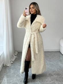 Xyvia Women's Long Plush Belted Winter Jacket - Apricot - View 1