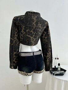 Elamini 女式豹纹长袖单排扣短款牛仔衬衫 - 黑色 - 查看 2