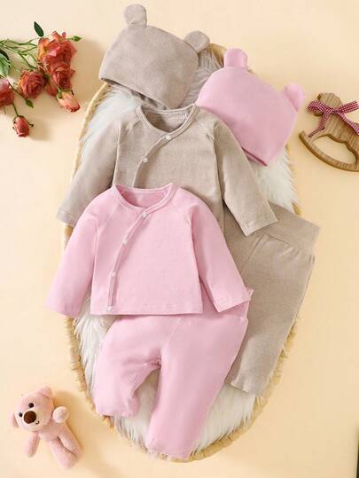 SHEIN 3pcs Newborn Baby Winter Outfit, Bear Hat Design Tie Front Jacket, Cute Set Fall