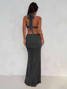 Aloruh Đầm Maxi Ôm Body Dáng Dài Nàng Tiên Cá Viền Xếp Ly Bất Đối Xứng Cho Nữ - Màu xám đen - Xem 3
