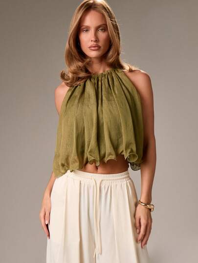 AiiRZ Elegante blusa sin mangas con cuello halter, volantes, corta y plisada de gasa para fiestas de verano, eventos y festivales