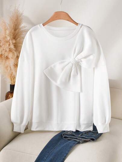 CosyJoli Sudadera blanca holgada de talla grande para mujer con lazo decorativo, de uso casual y para ir al trabajo, de ajuste suelto y hombros caídos, para primavera/otoño