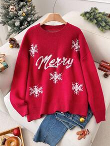 SHEIN Cosyjoi Plus Size Casual Christmas Snowflake 3D Flower Handmade Knit Sweater Red Christmas Sweater Christmas Clothes Winter Tops For Women Christmas Sweaters For Women - Red - View 5