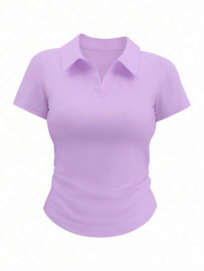 Airaco Camiseta de mujer de manga corta con cuello de polo, volantes y unicolor para verano