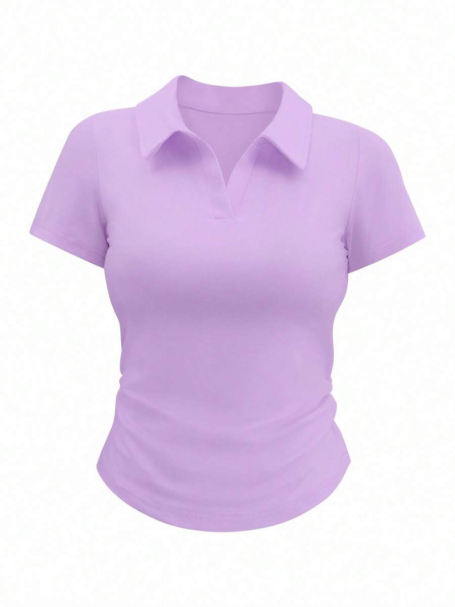Airaco Women's Summer Solid Color Polo Collar Ruffle Short Sleeve T-Shirt - Purple - View 1