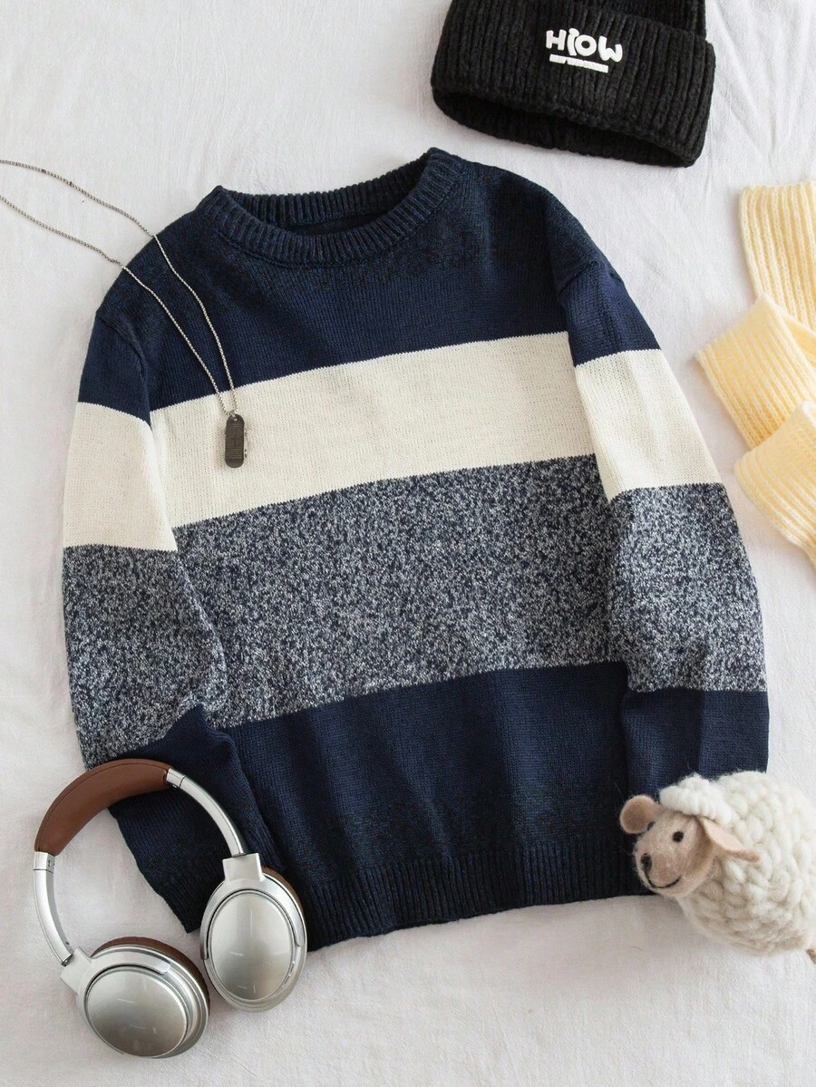 Tween Boy Casual Colorblock Crew Neck Loose Knit Sweater, Autumn/Winter - Navy Blue - View 1