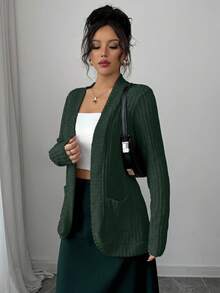 EMERY ROSE Women's Casual Ribbed Brushed Open Front Side Pocket Shorts Jacket, Lightweight - Green - View 4