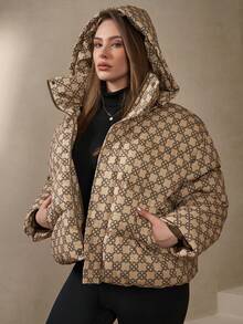 Chikora Plus Size Women Floral Pattern Long Sleeve Fashionable Thick Hooded Padded Coat Women's Winter Fall For Women Fall For Women Halloween Costumes Christmas Women's New Year Thanksgiving For Women Outerwear Women Coats For Women Women Winter Coats Women Puffer Coat Coats For Women Luxury For Women - Khaki - View 2