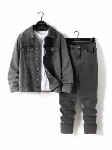 SHEIN 青少年男孩时尚休闲 Y2K 复古酷炫街头返校学院风两件套，宽松长袖灰色牛仔外套搭配舒适弹力修身牛仔裤，适合青少年男孩日常穿着，也可作为儿童秋冬季派对、节日和街头服饰的校园服装。 - 灰色 - 查看 4