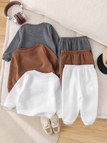 SHEIN 6 件套男婴休闲运动服，可爱针织羊毛字母印花长袖运动衫和松紧腰长裤，基本款连帽运动服套装，秋冬 - 彩色 - 查看 2