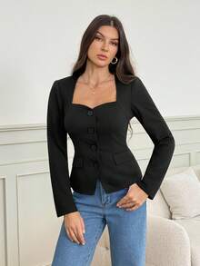 SHEIN Tall Blazer casual de moda minimalista y liso para mujer, ropa de otoño e invierno para mujeres, mujeres altas - Negro - Ver 4