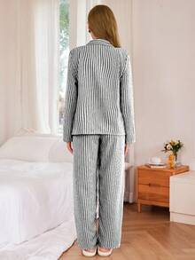 SHEIN 黑色条纹翻领上衣和裤子宽松休闲女式睡衣套装，秋冬服装 - 藏蓝色 - 查看 2