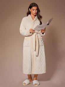 Lazeform Women's Casual Fleece Jacquard Belt Long Robe, Winter, Cozy Robes For Women - Apricot - View 7