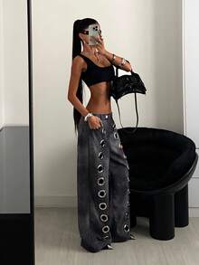 StreetHx 女士休闲街头 Y2K，Y2K 服装 Y2K 复古朋克哥特 2000 年代风格金属装饰做旧 PU 皮裤，秋冬