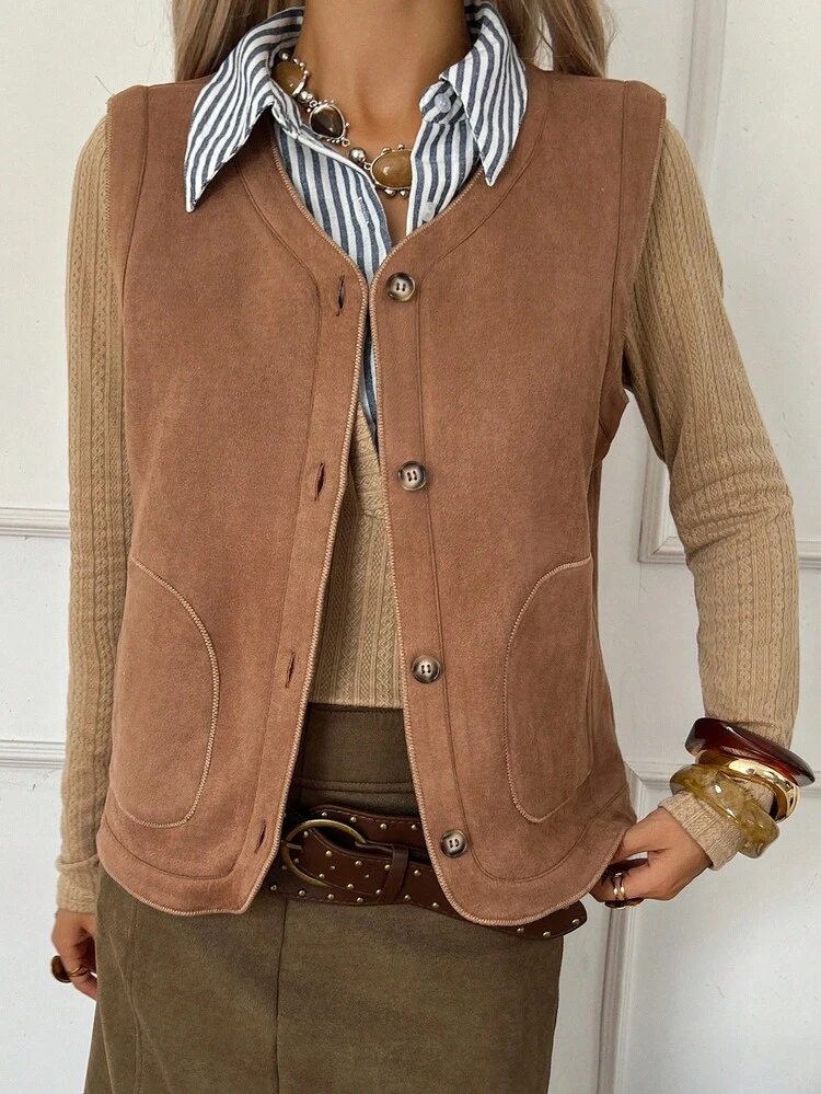 Women's V-Neck Suede Floral Embroidery Printed Sleeveless Short Vest, Casual & Elegant Jacket